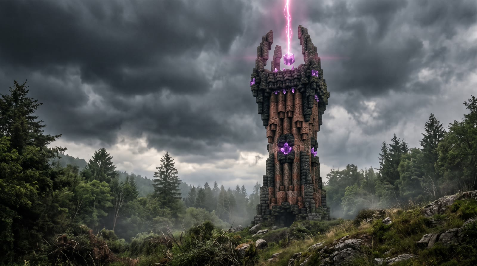 the spire — a columnar stone tower in a storm-lit pine forest, magenta lightning striking a floating amethyst crystal